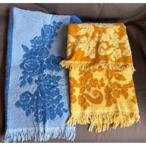 Vtg 1960s CANNON Retro 2 pcs Orange Yellow Flowers Blue Roses Fringe Bath Towels